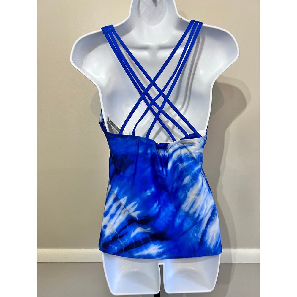 ☀️24th & Ocean Blue Tie Dye Strappy Tankini Swim Top Large NWT - Picture 2 of 7